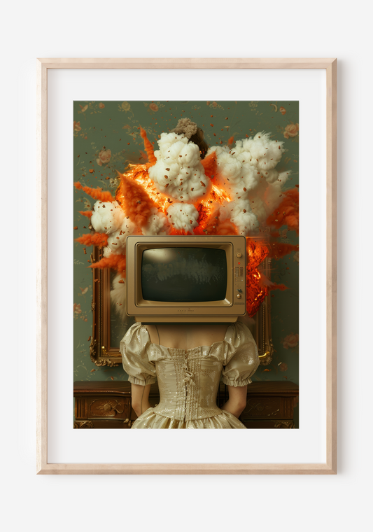 Woman TV explosion:  Vintage Art | Surreal Wall Art Print