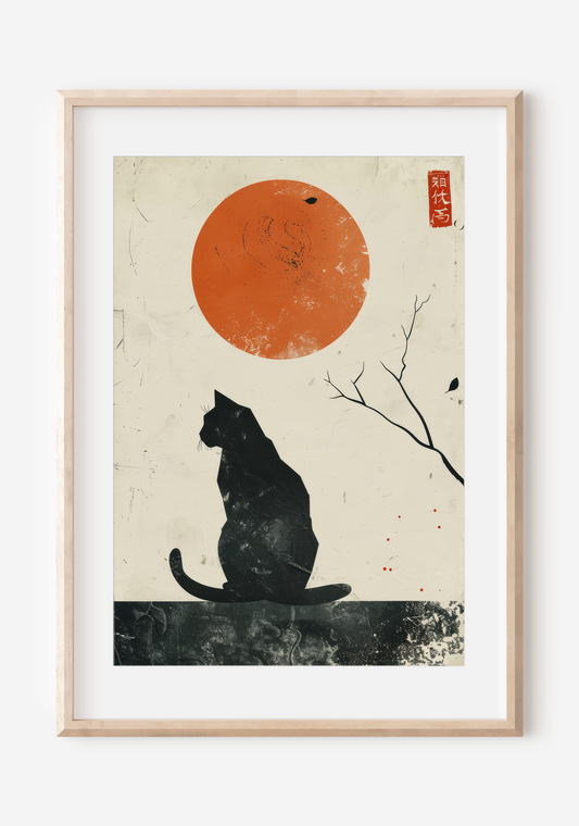 Elegance: A Cat Under the Autumn Moon | Japanese Wall Art Print
